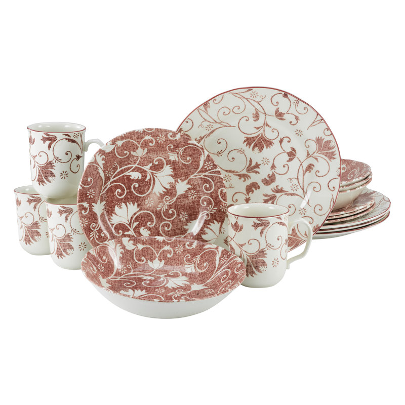 Damask 16 Piece Dinnerware Set - Service for 4, Red
