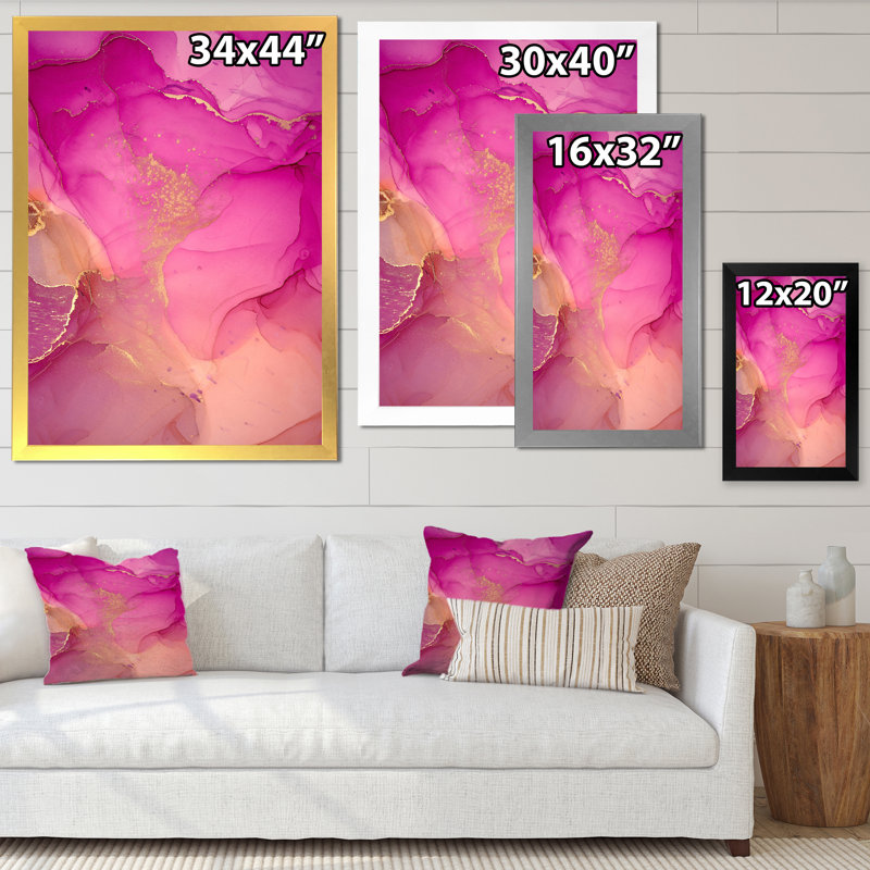 «Pink and Gold Ink Clouds», reproduction d'art sur toile abstraite, H 32 po x l 24 po x P 1 po, Cadre photo noir