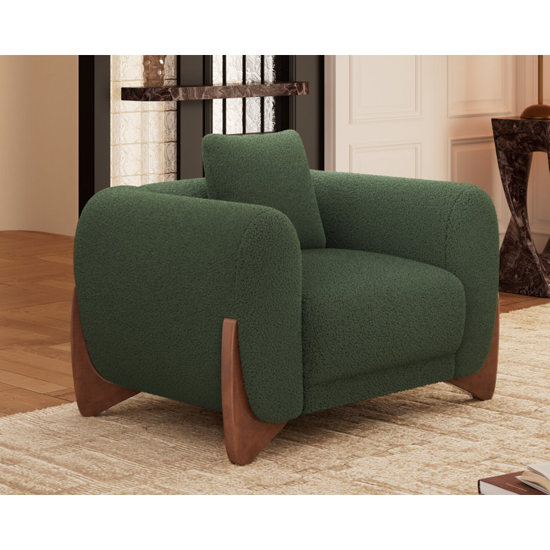 Modern Bouclé Armchair with Tilted Wooden Legs, Green