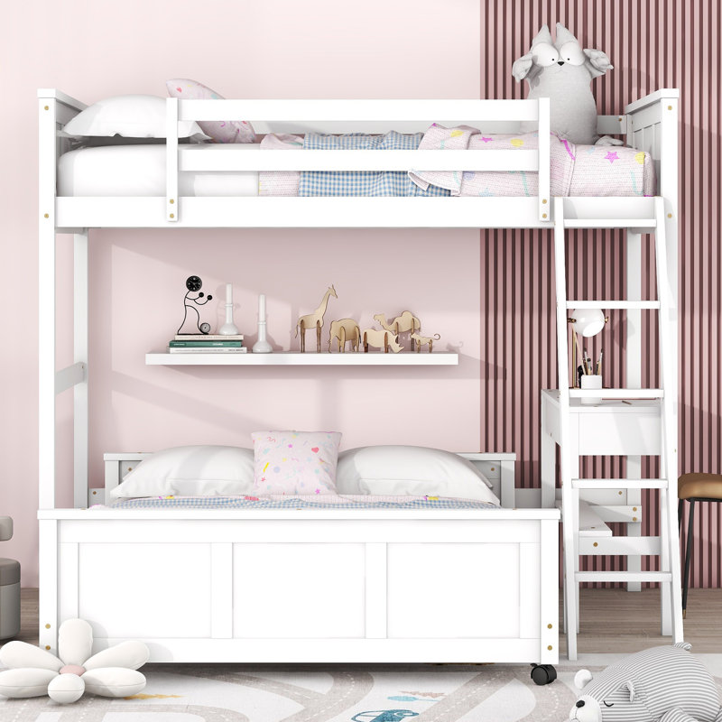 Lit simple superposé au dessus d'un lit double avec bureau, blanc, Jumeaux sur complet, Blanc