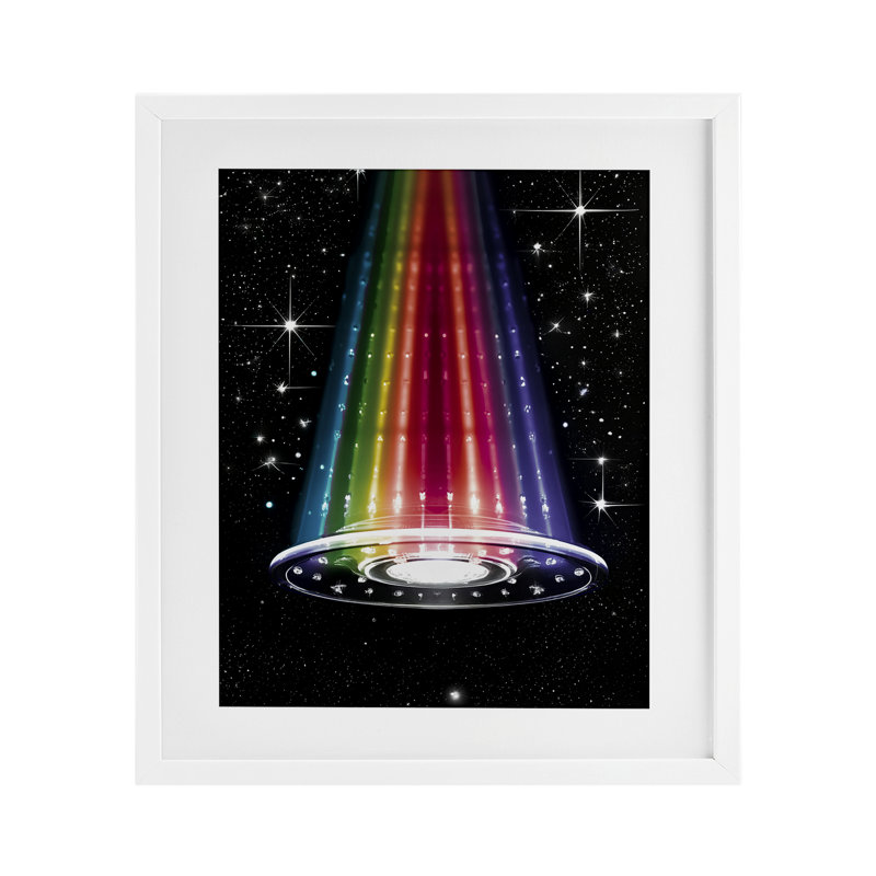Rainbow Galaxy UFO, impression sous verre encadrée, design par Sasha, 16" H x 13" W, Cadre blanc côtier