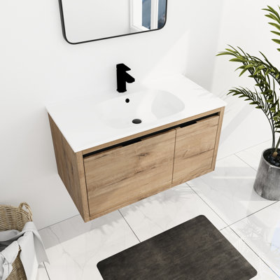36 Inch Bathroom Vanity With Gel Sink - Wall Mounted Design Ample Storage Space To Damage Basin Stainless Steel Hinges Modern Cabinet Style
