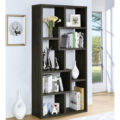 Rectangular 10-Shelf Bookcase In Weathered Grey, Seven Open , Different Size Spaces, And Particle Board Design Grey Geometric Bookcase, , Scratch- Finish, For Study Room