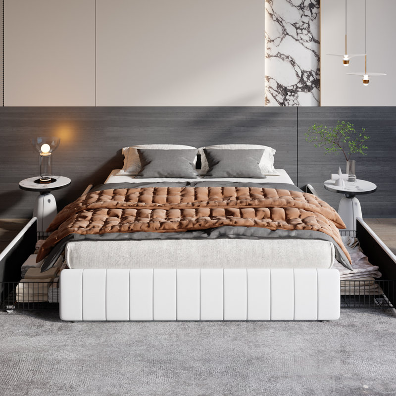 Modern Channel‑Tufted Upholstered Platform Storage Bed With 4 Locking Drawers, Full, White