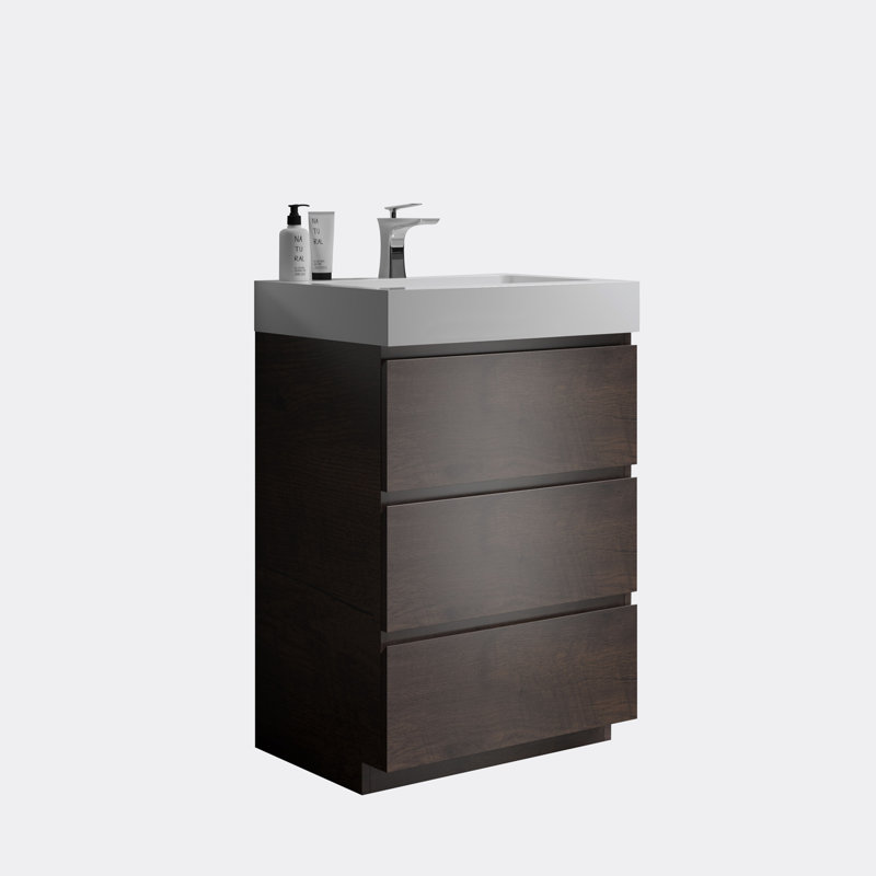 Meuble-lavabo autoportant avec grand lavabo et rangement, Blanc, Noyer