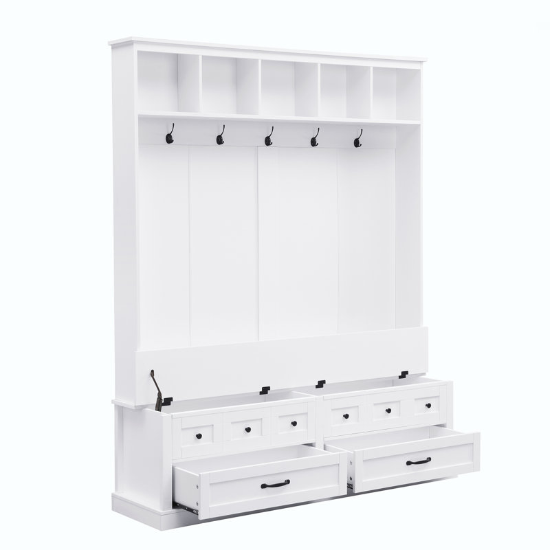 3-In-1 Hall Tree 59" Wide With 5 Hooks And Bench And Drawers, Muti-Functional Entryway Coat Rack, Modern Tall Storage Bench With Handles