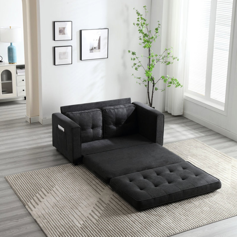 Canapé-lit convertible, futon confortable avec coussin moelleux, canapé en lin beige 3 fois gris foncé, peu encombrant, rangement en tissu