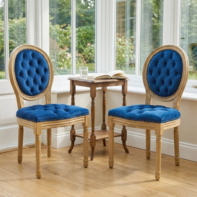 Ensemble de 2 chaises de salle à manger style français - structure en bois antique, velours, dossier haut, garniture cloutée
