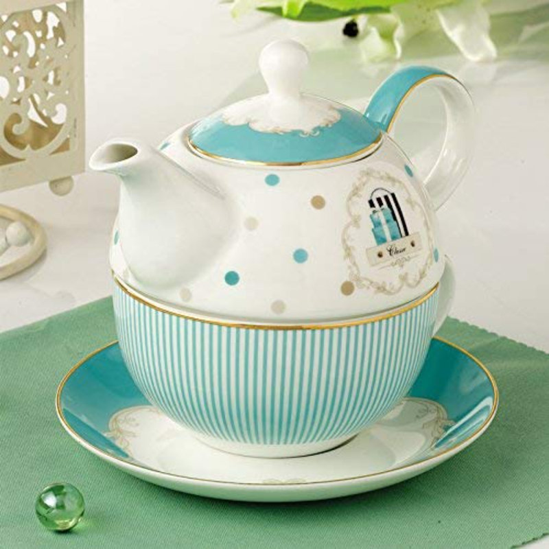 Bone China Blue Teapot And Server Set For One, Teapot Cup And Saucer Set