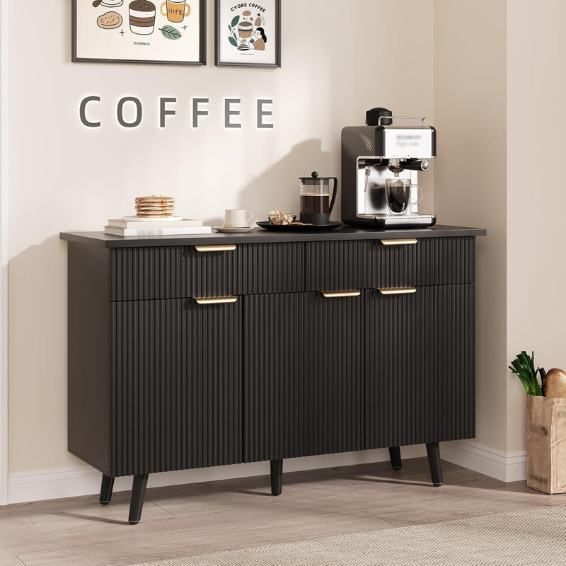47" Modern Sideboard Buffet Cabinet With Storage, Large Coffee Bar Cabinet With 3 Fluted Doors & 2 Drawers, Kitchen Storage Cabinets With Adjustable Shelves For Living Room, Dining Room