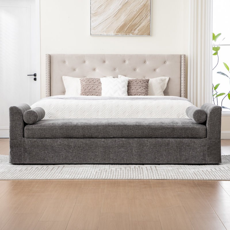 88.5" W Slipcovered Chenille Upholstered Bench, Gray