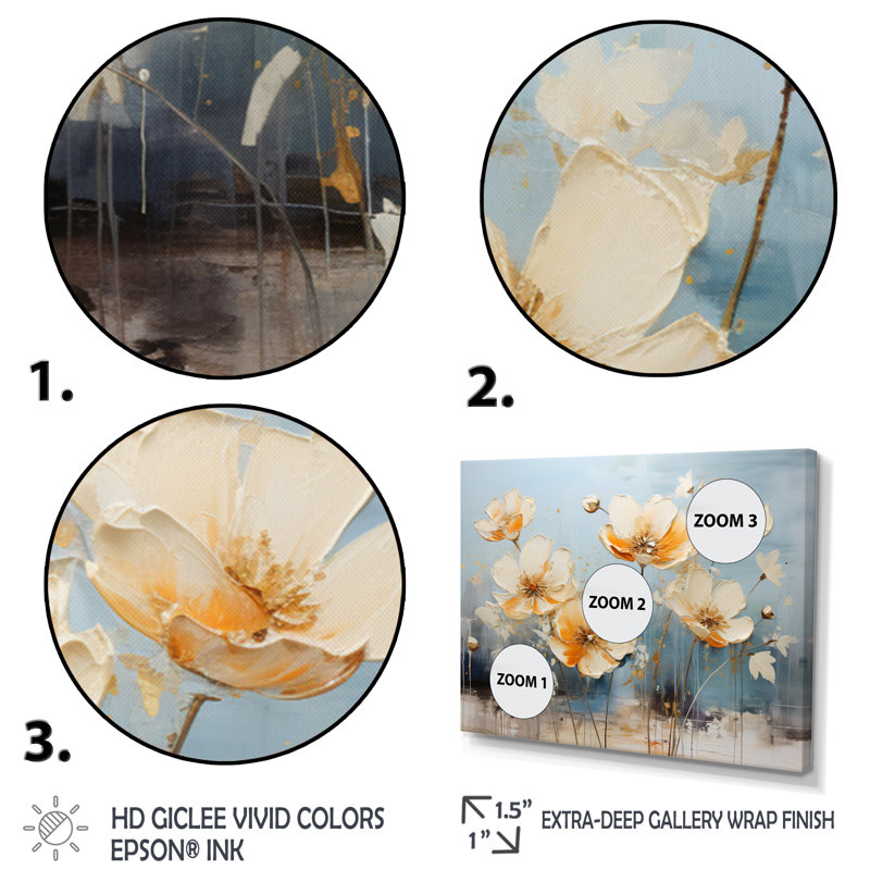 «Teal Buttercups Romantic Impression», reproduction sur toile, H 12 po x l 20 po x P 1 po, Cadre photo blanc
