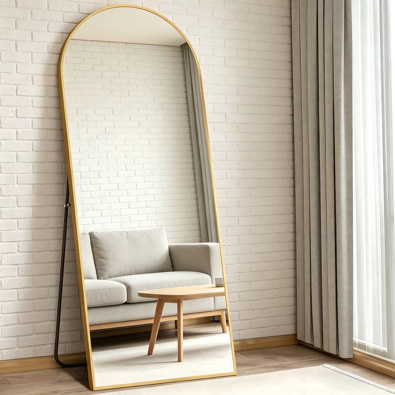 A Gold-Framed, Arched Full-Length Mirror (71" X 32") With A Simple Yet Sophisticated Design, Exuding A High-End Feel In Any Home Décor.