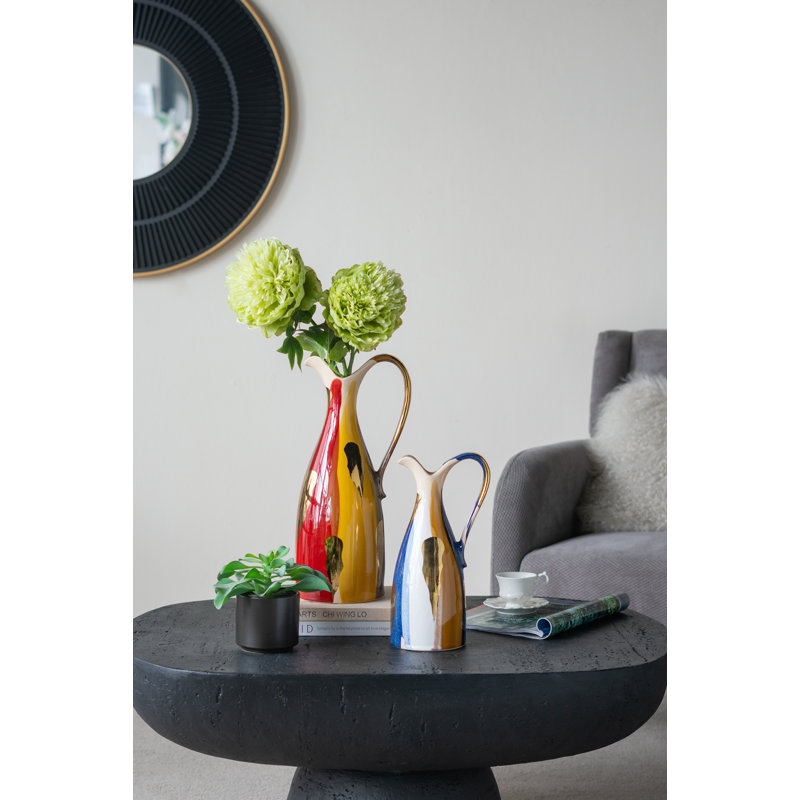 Vase en céramique avec une finition abstraite multicolore, H 16,3 po x l 6,1 po x P 7,1 po, Jaune/rouge