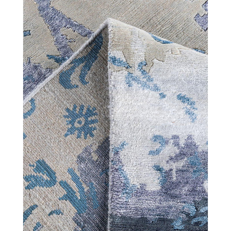 Modern Beige Hand-Knotted Wool and Silk Area Rug, 9' 4" x 12' 2"