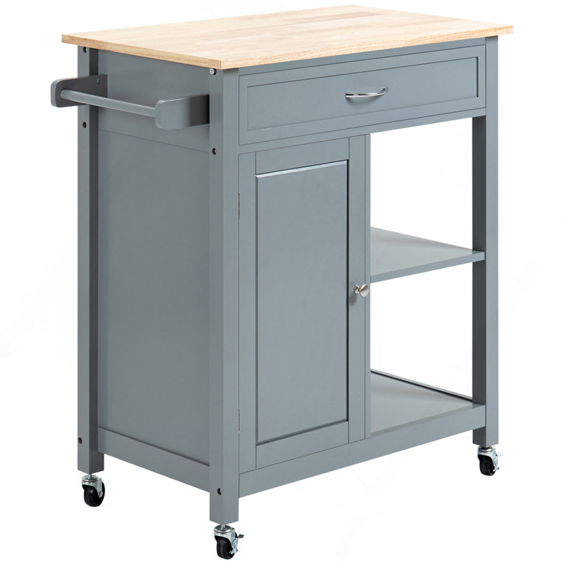 Kitchen Island Cart, Rolling Kitchen Island With Storage Shelf, Solid Wood Top, Drawer, For Dining Room, Gray