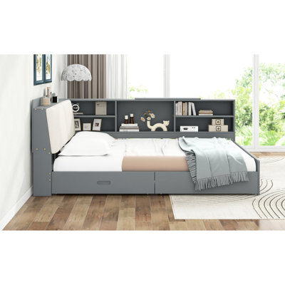 Lit plateforme en bois avec tête de lit avec rangement, tablettes et 2 tiroirs