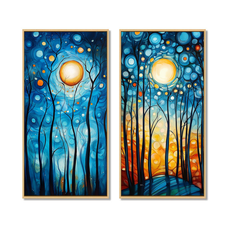 Promenade estivale au clair de lune en forêt I - Impression sur toile en 2 parties, 60" H x 56" W, Natural Floater Framed