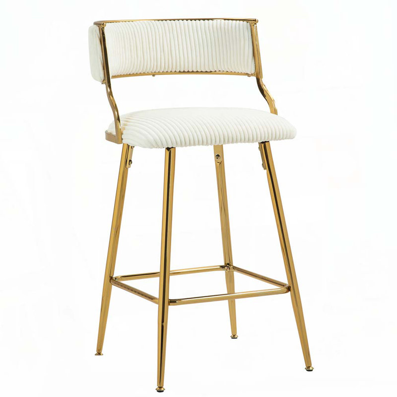 (SET of 2) 26'' Counter height bar stools Corduroy kitchen island counter bar stool with back, base and footrest, White, Gold