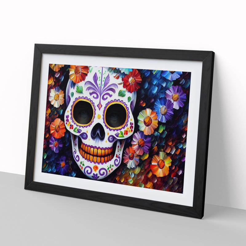 XH1022-7114X Precious Floral Sugar Skull - Single Picture Frame Print, 46cm H x 64cm W x 2cm D, Black Framed