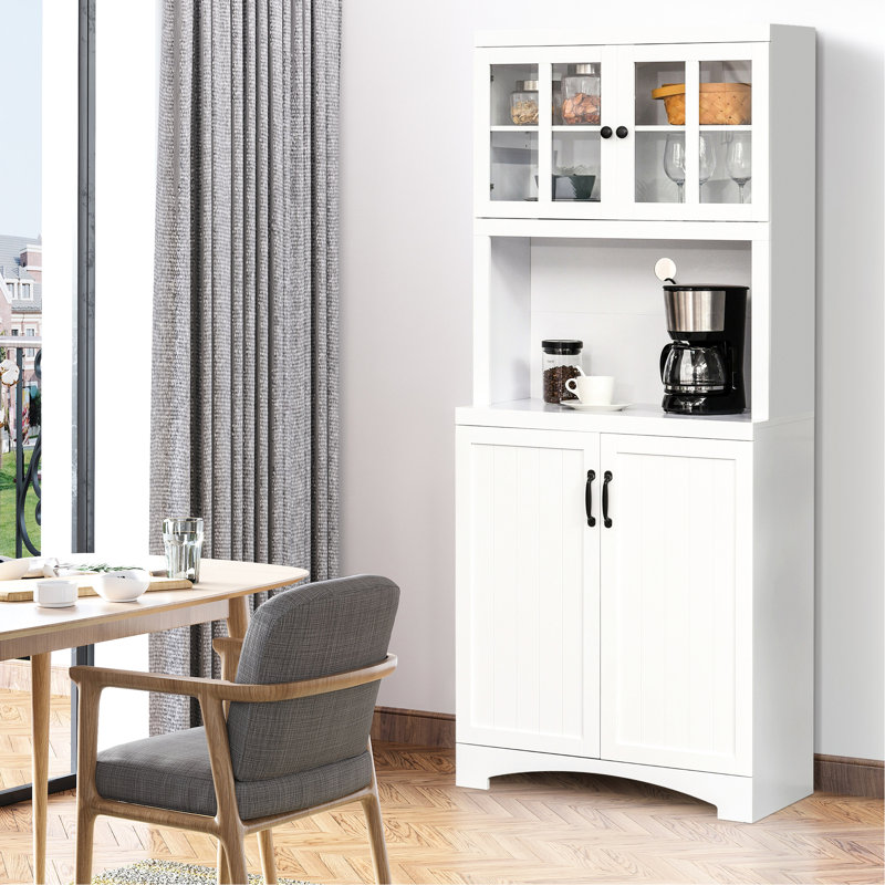 Rangement de cuisine blanc avec garde-manger, porte encadrée en verre, tablettes réglables et espace pour micro-ondes pour la salle à manger. Peut contenir divers articles. Tablettes personnalisables. Décoration chic. Assuré