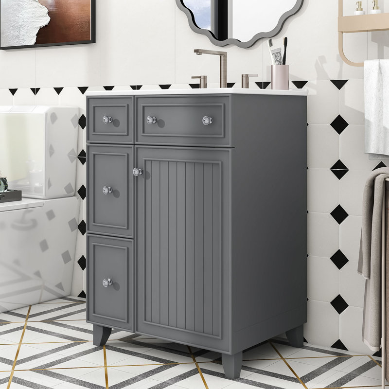 Meuble-lavabo de style transitionnel de 24 po avec cadre en bois, tiroirs de rangement spacieux, Gris