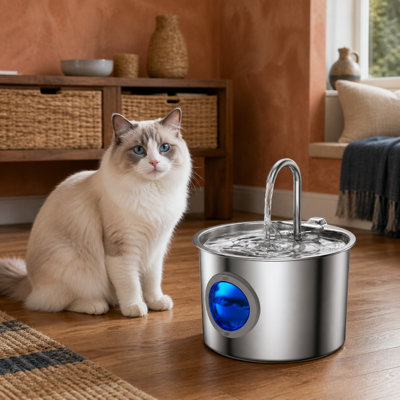 Fontaine à eau automatique pour chat de 2,2 L/74 oz en acier inoxydable 304, avec un réservoir amovible et une conception facile à nettoyer ; comprend la fontaine, 3 filtres et 6 éponges.