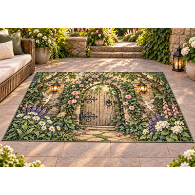 5' x 7' Outdoor Area Rug Secret Garden Fairy Door Heavyweight Solid Waterproof PVC Coil Loop Carpet, Heavy Duty Patio Rug, Quick Dry Indoor Outdoor Mat for Porch Balcony Entryway RV Camping