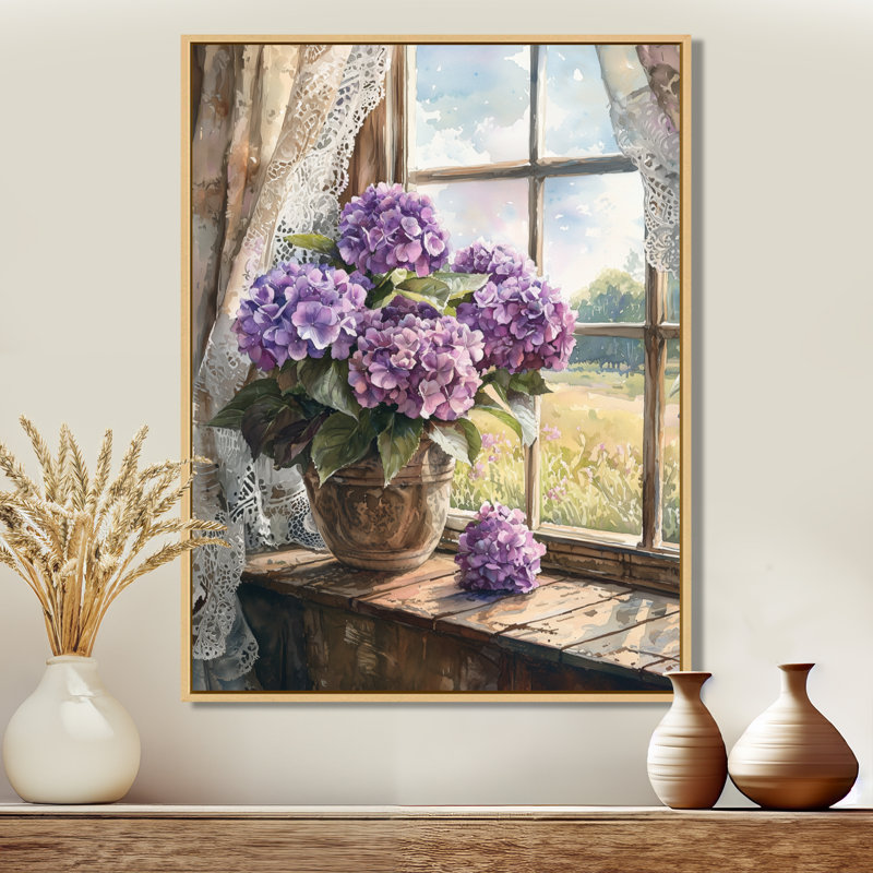 «Hydrangeas By The Farmhouse Window I - Hydrangea», art mural encadré, H 32 po x l 24 po, Reproduction avec cadre flottant
