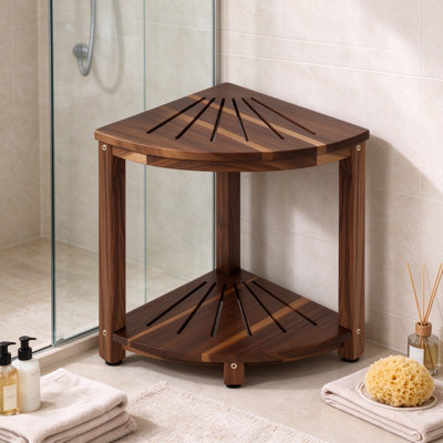 Corner Shower Stool with Storage Shelf, Acacia Wood Two Tier | Space-Saving Fan-Shaped Seat and Foot Rest for Small Bathrooms, Versatile Home Furniture