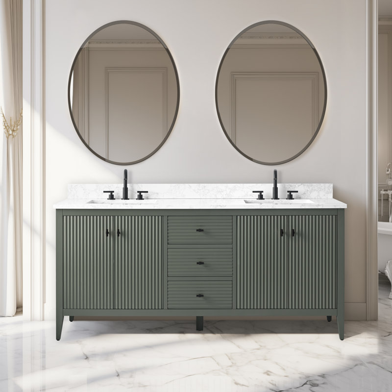 Meuble-lavabo double 72 po avec plateau en marbre, Linéaire vert rétro, Noir mat