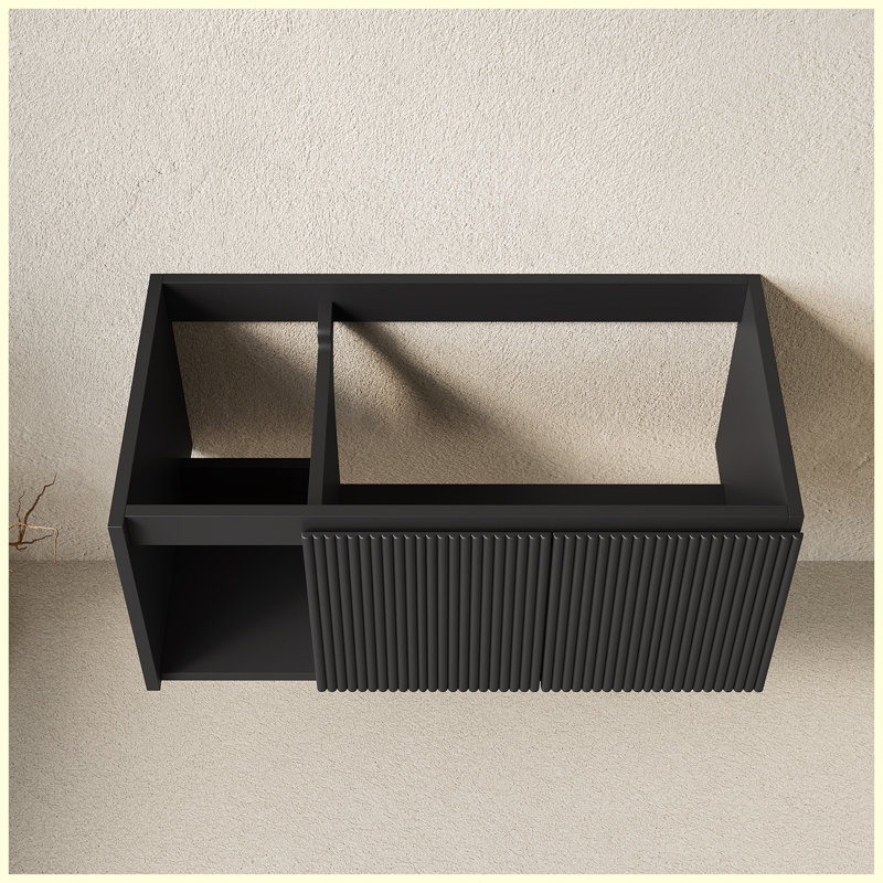 Meuble de salle de bain suspendu noir 91 cm (36 po) | 2 portes rayées + 1 tablette ouverte | Sans lavabo ni comptoir, sans robinetterie ni couvercle de lavabo