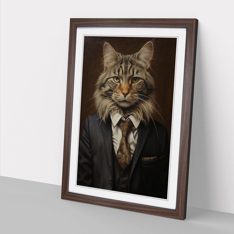 Cat In A Suit - Single Picture Frame Print on Wood, 46cm H x 34cm W x 2cm D, Walnut 