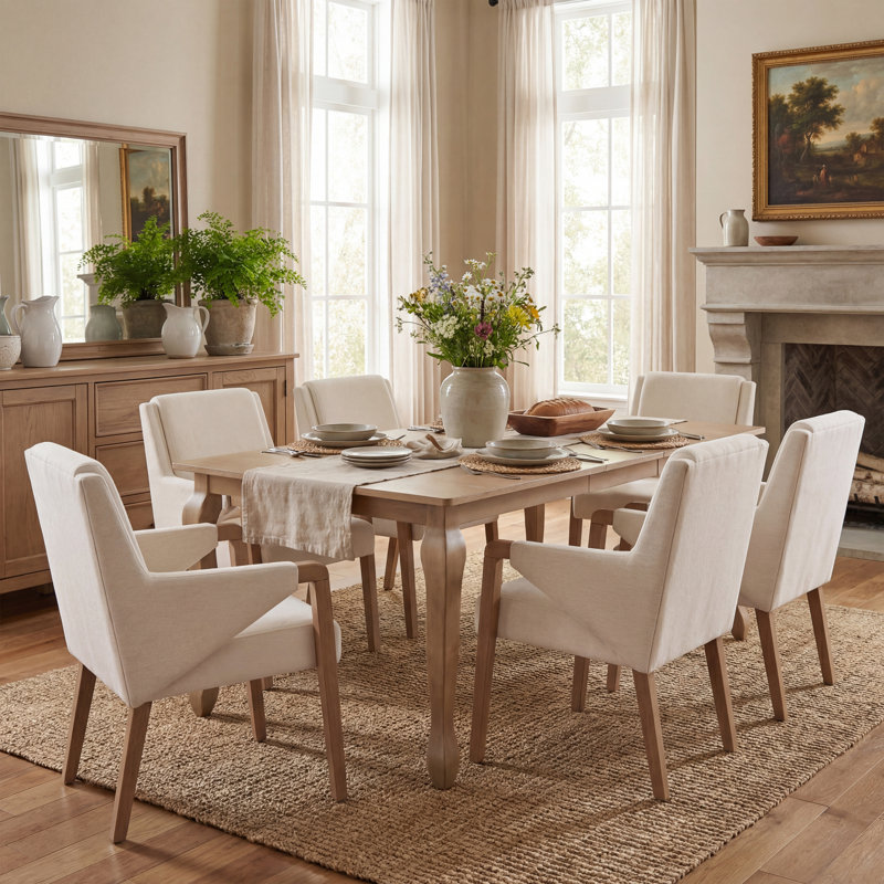 Ensemble de table de salle à manger extensible Akeeyla pour 6 personnes avec chaises rembourrées et pieds en bois d'hévéa