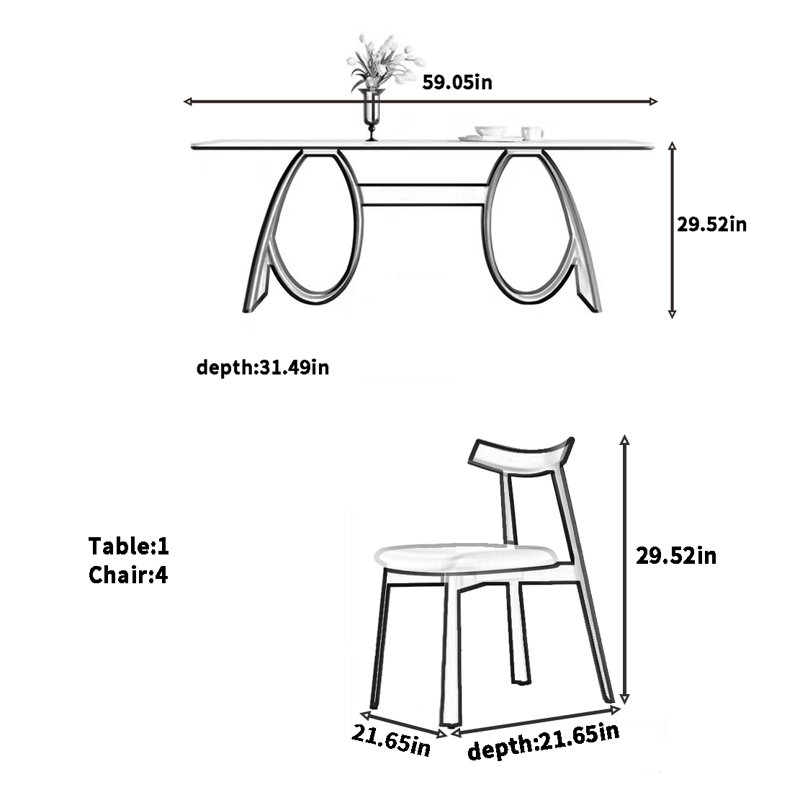 Ensemble de table à manger et de chaises de style rétro français, H 29,52 po x L 59,05 po x l 31,49 po