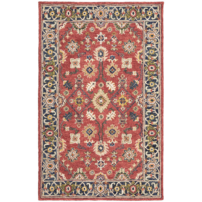 Tapis rouge en laine crocheté à la main Schuck, Rectangle 3 pi 6 po x 5 pi 6 po