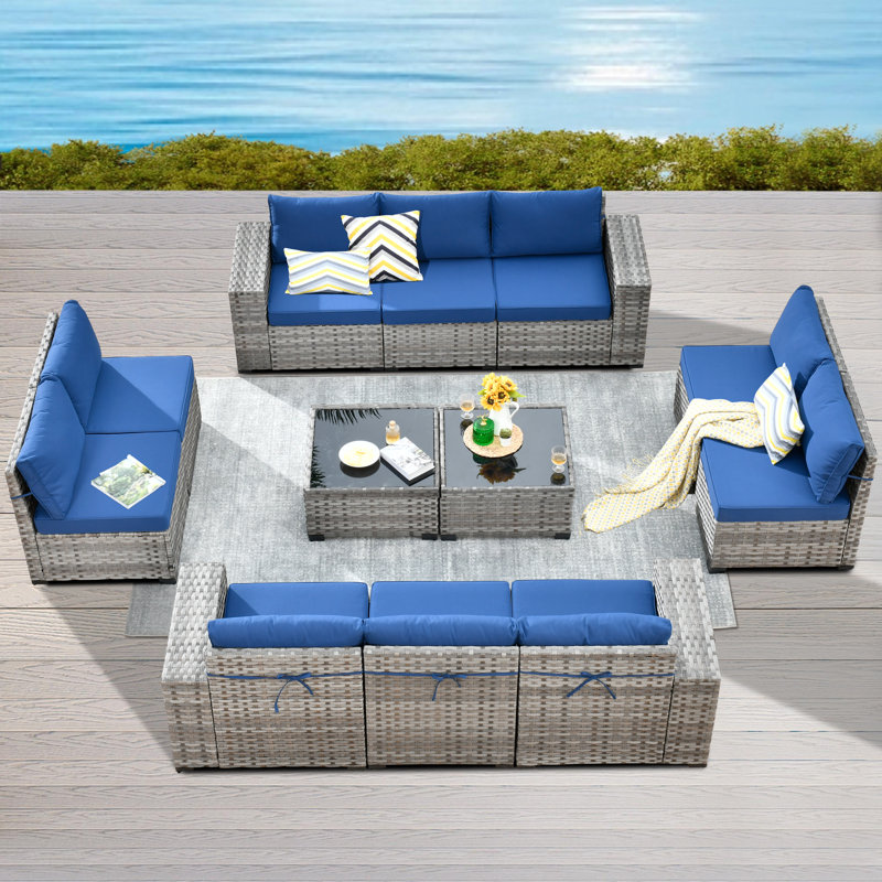 Ensemble de conversation d'extérieur 10 personnes avec coussins Demaurie, Bleu marine