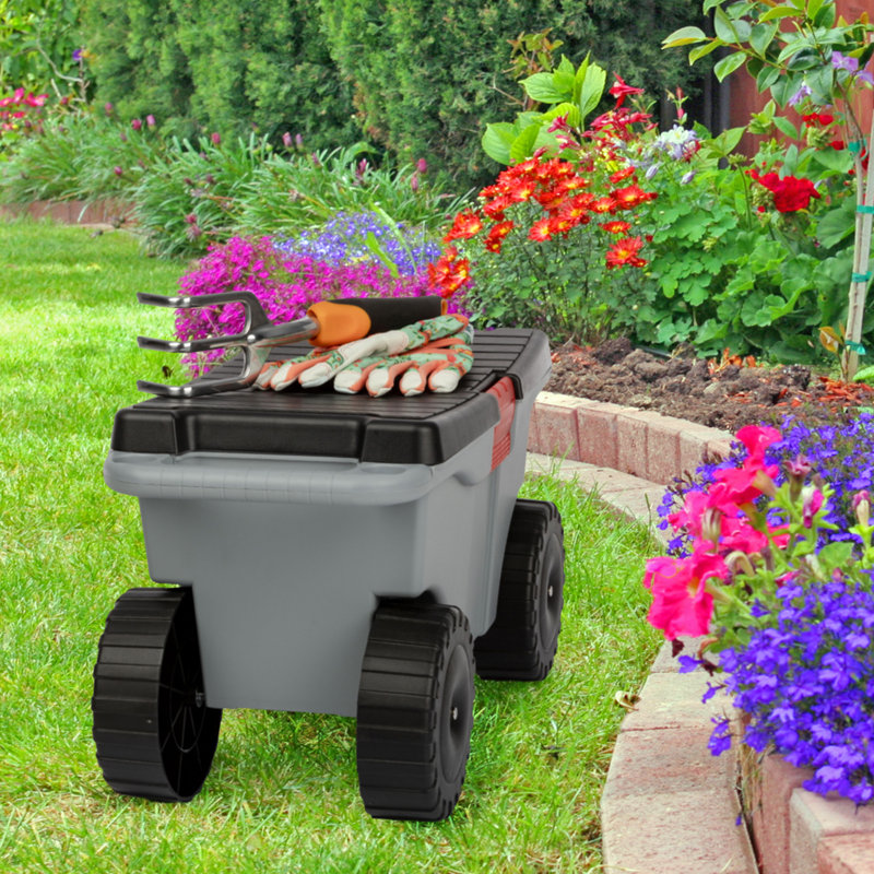 Chariot de jardin roulant avec siège - Rangement en plastique avec banc et plateau à outils intérieur - Tabouret de jardinage pour le sarclage et la plantation par Pure Garden