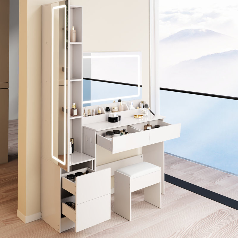Miroirs doubles à DEL, table de coiffeuse réglable en 3 couleurs et réglable en luminosité, rangement multicouche + tabouret rembourré pour armoire pleine grandeur, conception américaine, blanc avec table de commande tactile avec