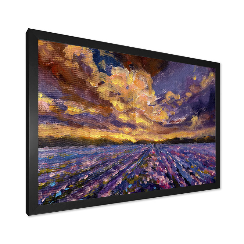 Lavande, champ mauve coucher de soleil II, reproduction sur toile flottante, Cadre noir, H 8 po x l 12 po x P 1 po