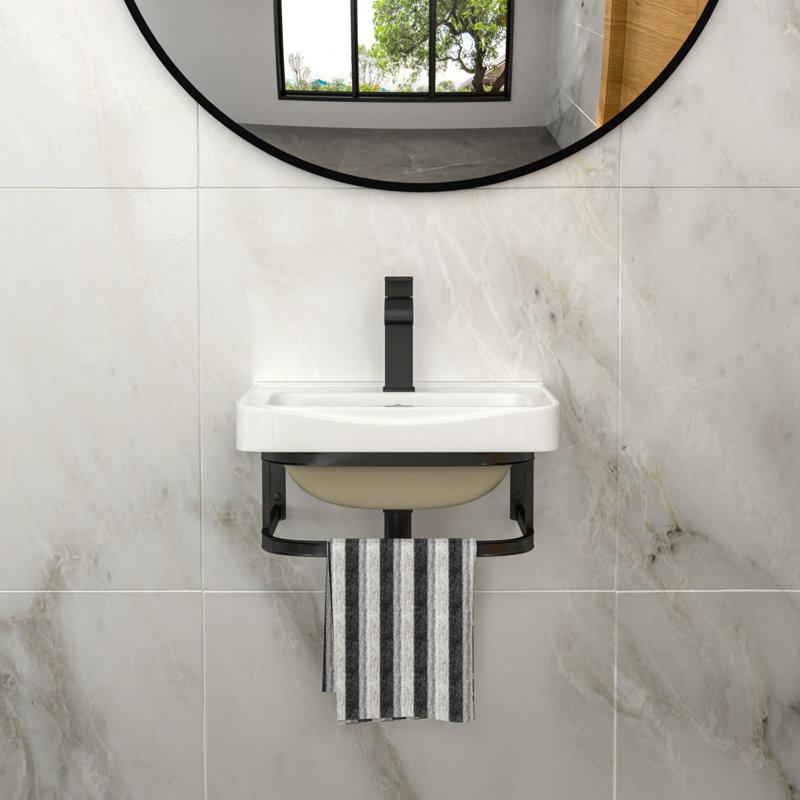 Lavabo de salle de bain moderne en céramique mural avec barre à serviettes et robinet noirs - Compact pour les petits espaces