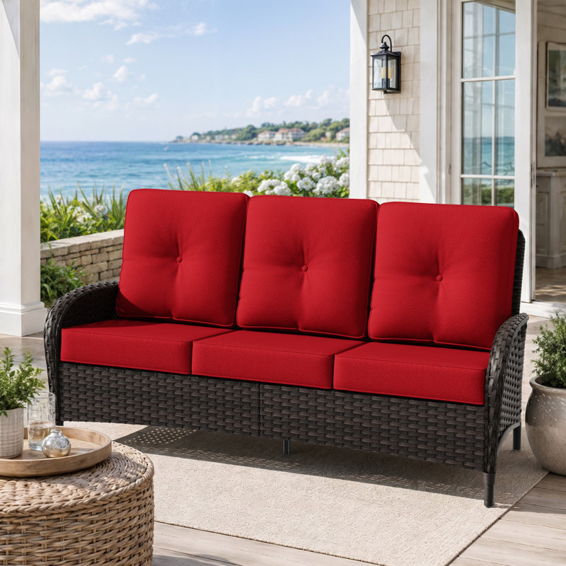 Canapé d'extérieur en osier avec coussins résistants aux intempéries Hilmir | Mobilier d'extérieur toutes saisons en rotin