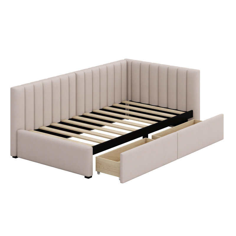 Upholstered Daybed With Storage Drawers, Beige