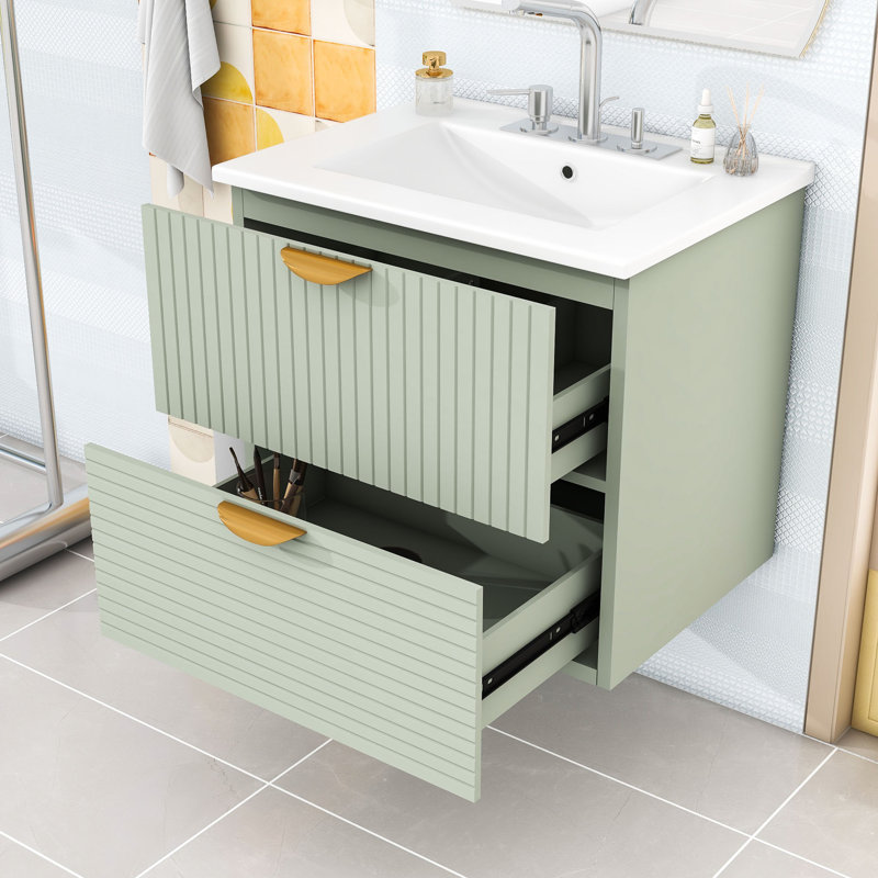 Meuble-lavabo simple mural avec lavabo en céramique et tiroirs de rangement Jess Minimalist, Vert