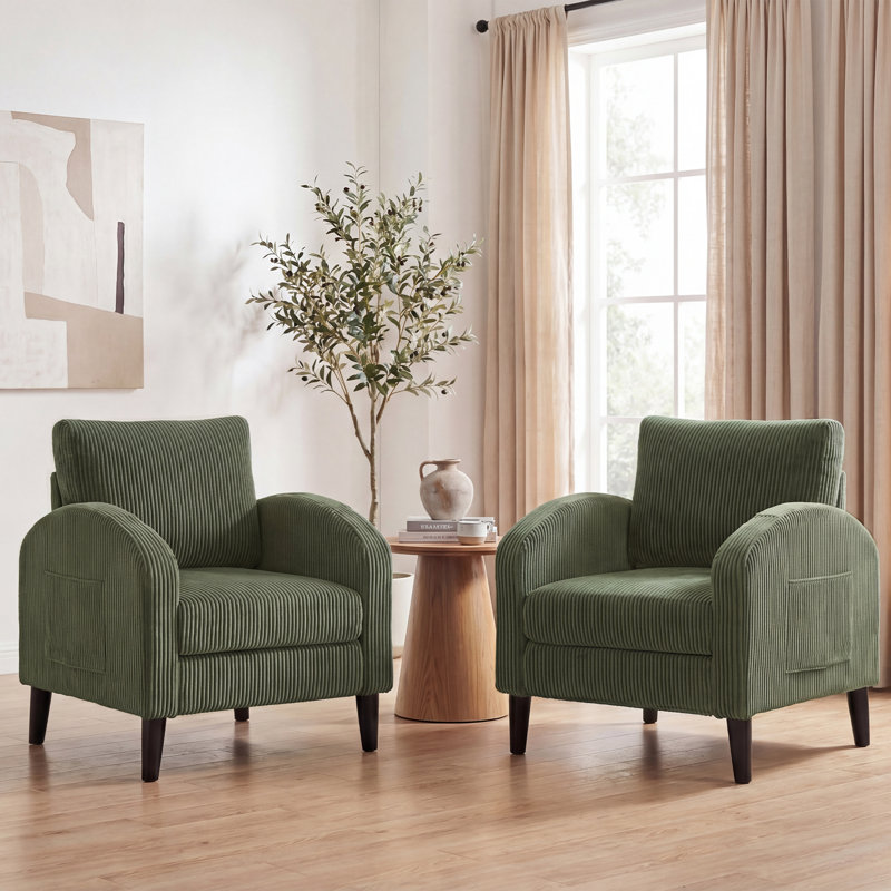 Fauteuil d'appoint moderne en velours côtelé avec poche latérale et fauteuil incurvé confortable, Green