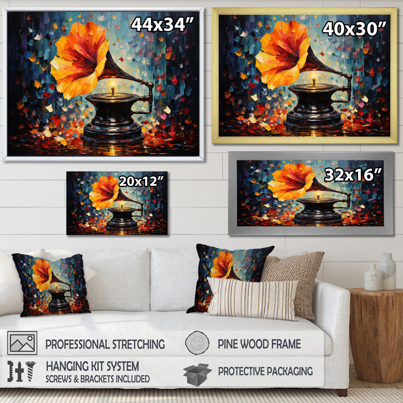 " Phonograph Pointillism Multicolor II ", Gold Single Picture Framed, 16" H x 32" W x 1" D