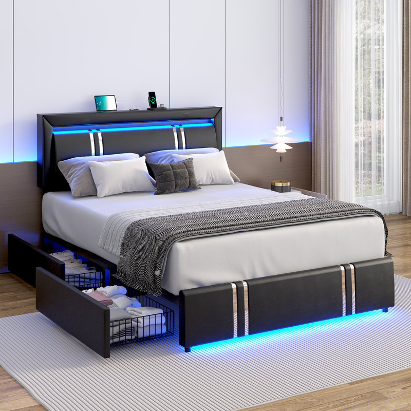 Structure de lit tapissier en cuir synthétique Kavihan avec lumières DEL, station de charge, tête de lit réglable en hauteur et 4 grands tiroirs