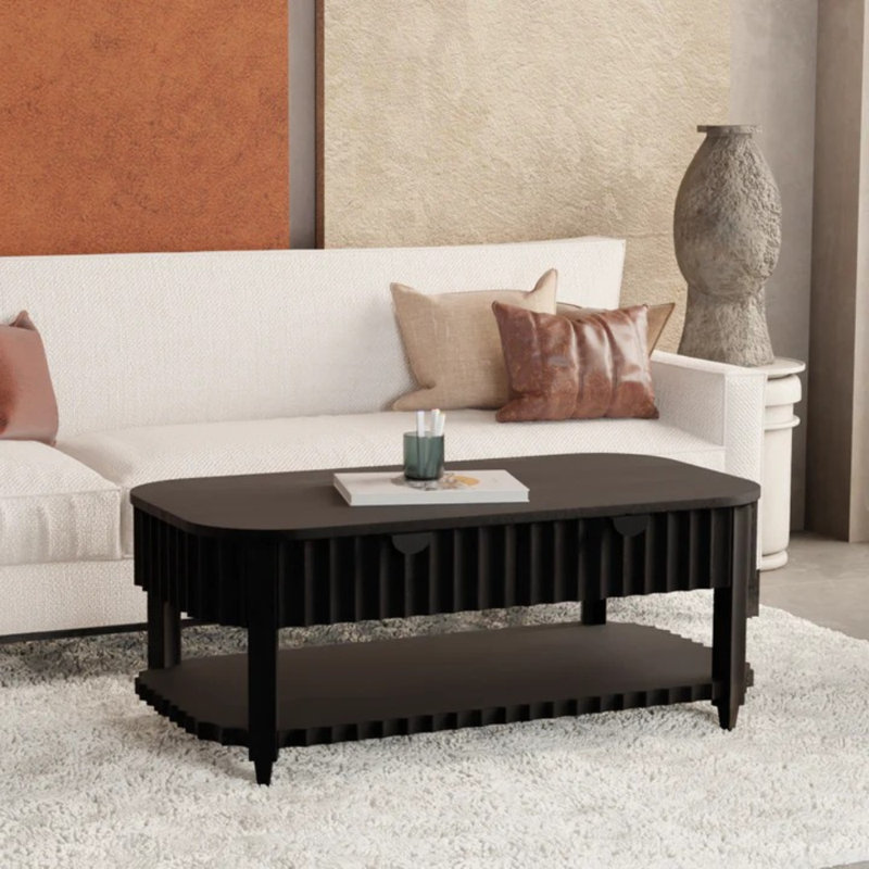 Table basse moderne en bois massif avec tiroirs cachés et tablette de rangement - finition noire, conception cannelée, table basse de salon