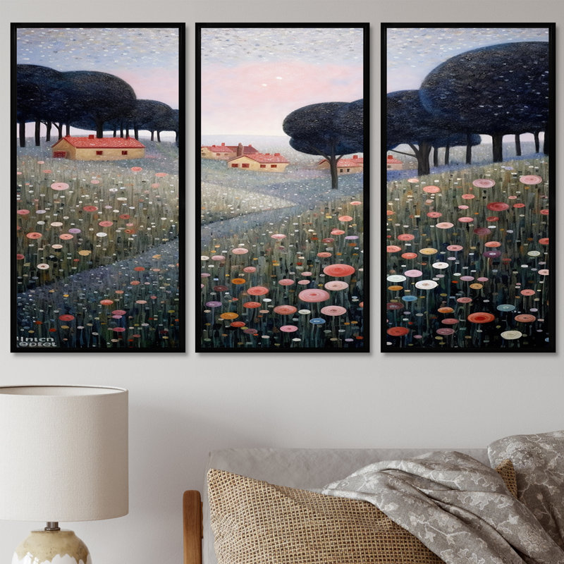 «Blooming Wildflowers In Countryside Town», ensemble d'art mural prairie, H 28 po x l 36 po x P 1 po, Cadre flottant noir