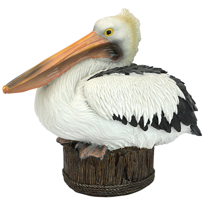 Naturalistic Hand-Painted Resin Pelican Statue on Aged Dock Post